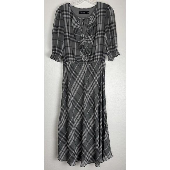 Lauren Ralph Lauren Plaid Maxi Ruffle 3/4 Sleeve‎ 8 Gray 1674